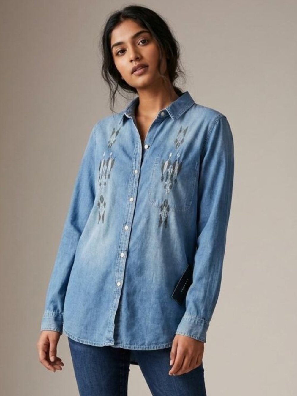 Zara Trafaluc Embroidered Chambray Denim Shirt